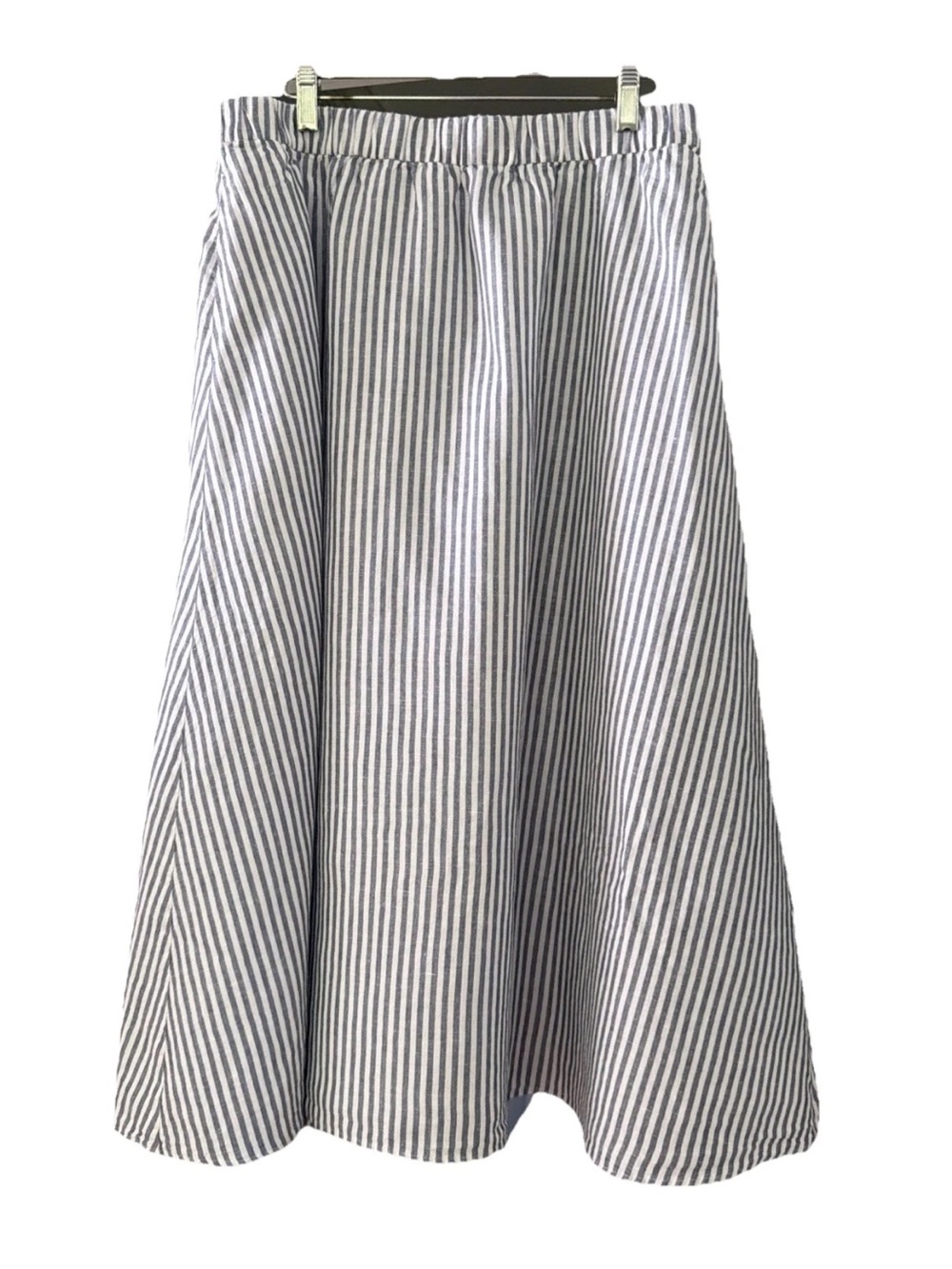 Talbots Blue & White Striped Linen Cotton A-Line Midi Skirt Preppy Coastal Sz L